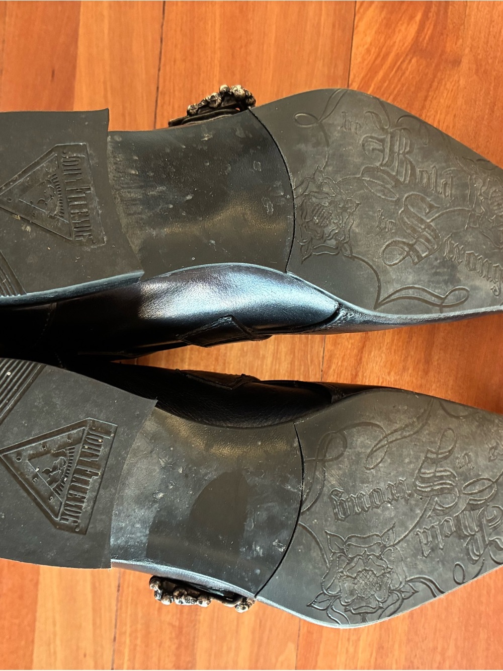 John Fluevog Black Leather Ankle Boots with Skull Buckle Straps - Picture 5 of 8